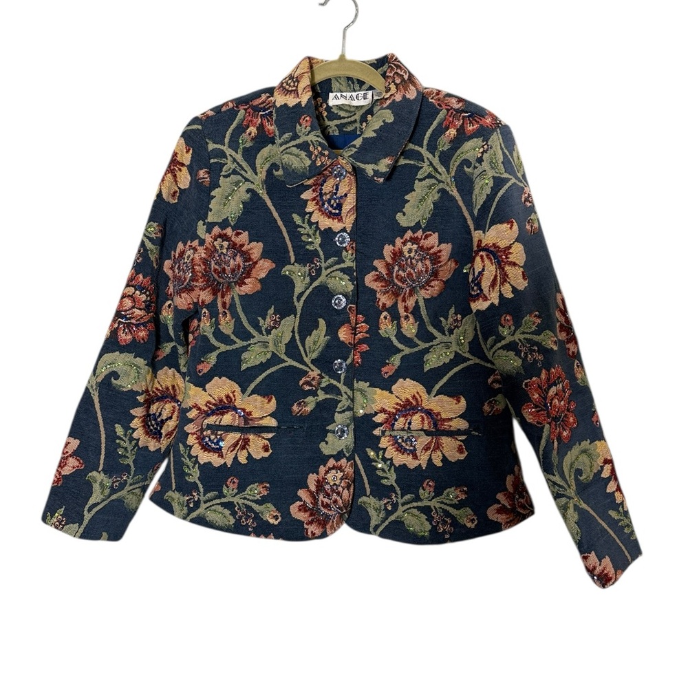 Anage Vintage Women's Cotton Chenille Beaded Tapestry Blazer sz M